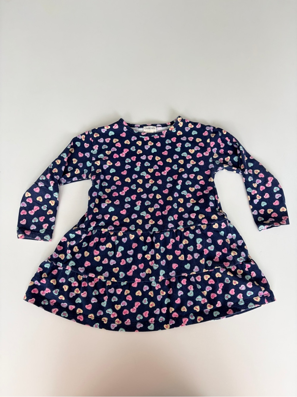 Crewcuts Navy Long-Sleeve Tiered Dress with Multi-Color Conversation Hearts